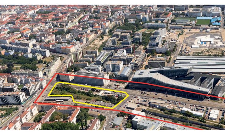 Luftbild von Projektliegenschaft mit Eingrenzung des Projektbereiches 