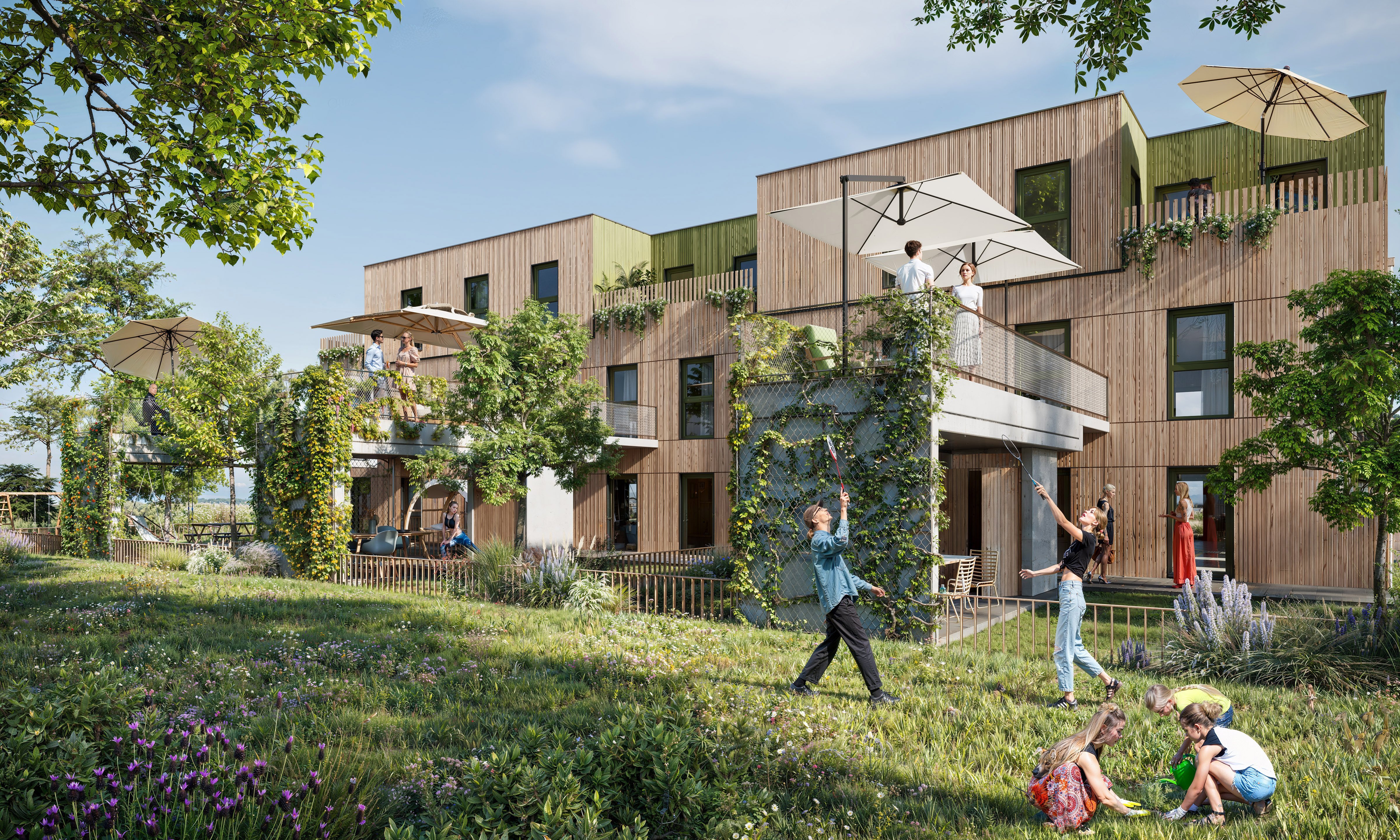 Holzbau mit großzügigen Balkonen mit Begrünung