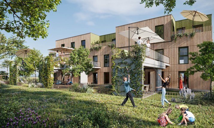 Holzbau mit großzügigen Balkonen mit Begrünung