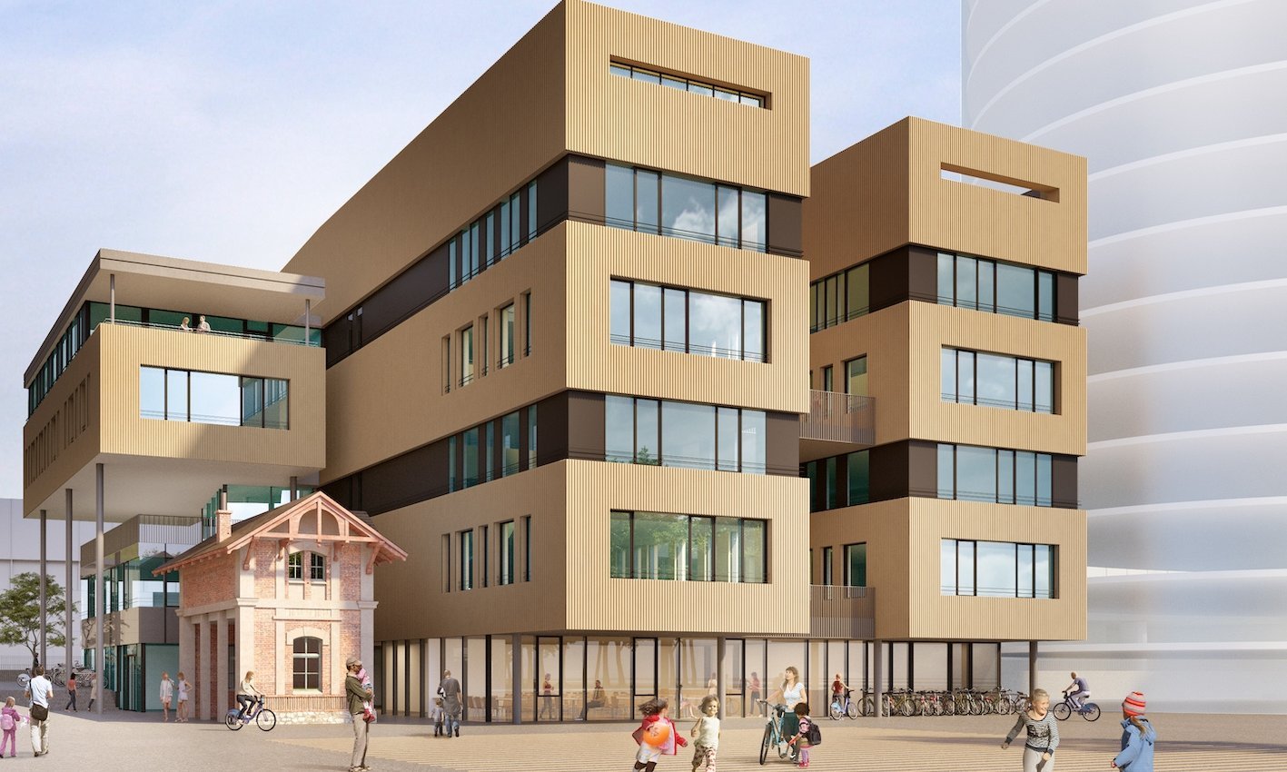 Rendering eines modernen Schulbaus mit großen Glasflächen
