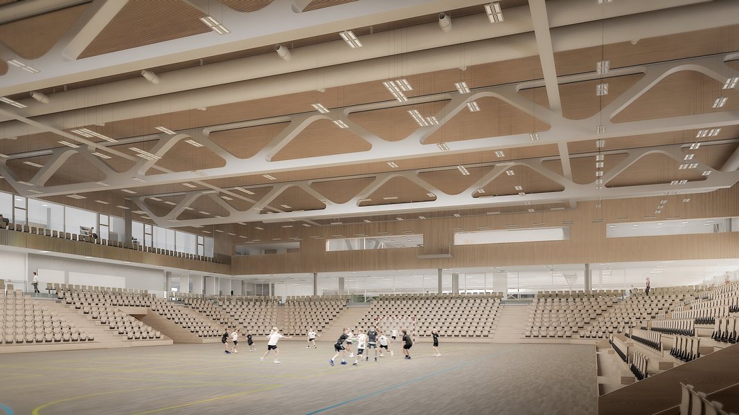 Rendering der neuen Sporthalle mit ballspielenden Personen