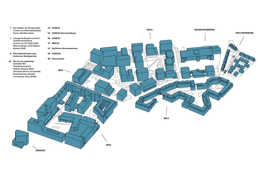 3-Model des neuen Stadtteils mit Verortungen und Beschreibungen der Viertel