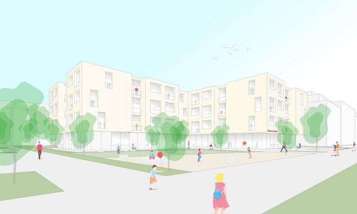 liebevolle Illustration des neuen Schulkomplexes mit großen Freiraum 