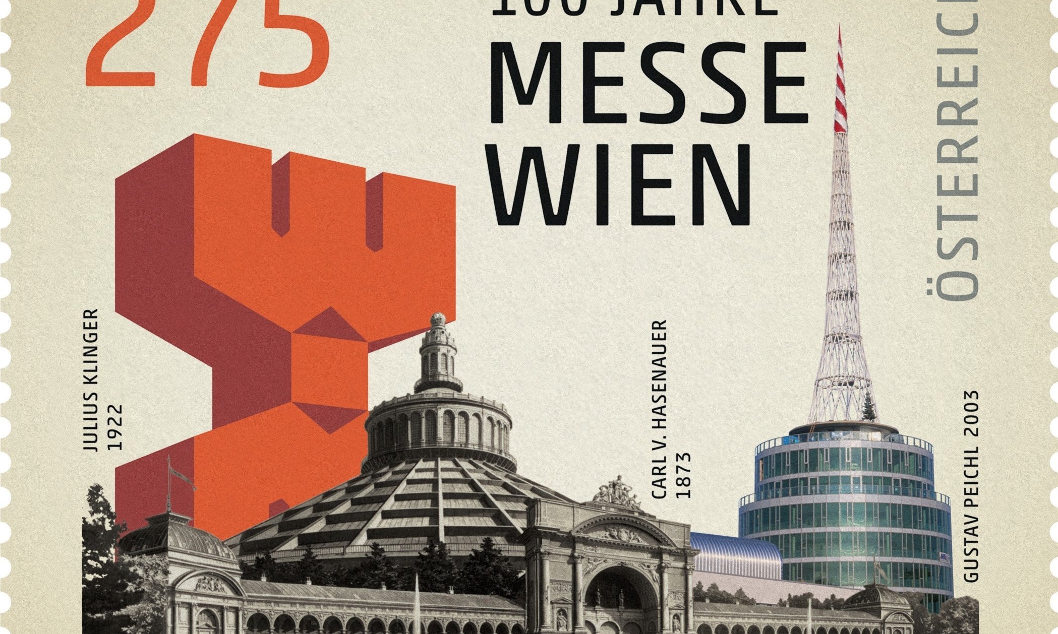 Alt anmutende Briefmarke mit dem modernen Messeturm und alten Bauwerken