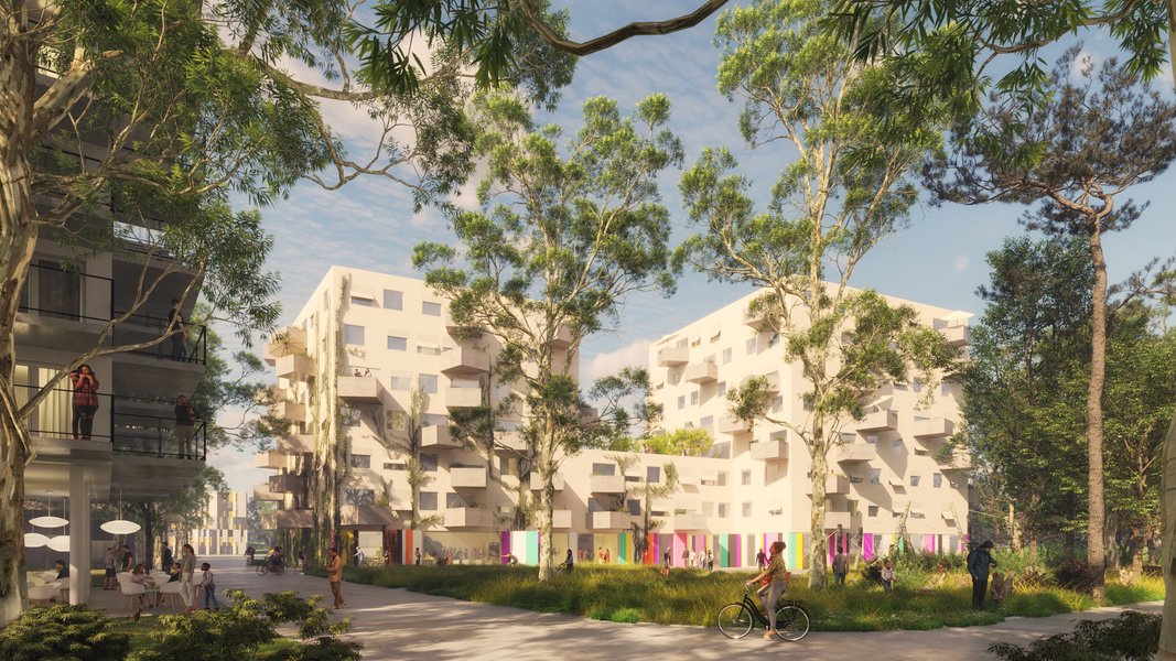 Rendering eines modernen Wohnbaus der GESIBA Bauplatz 3
