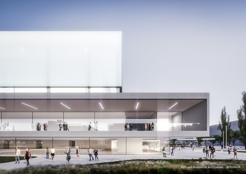 Rendering der neuen Sportarena mit großer Glasfassade und 