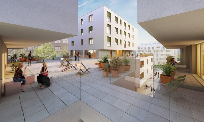 Rendering von Gebäudekomplex in Neu Leopoldau auf einer offener Terrasse mit BewohnerInnen