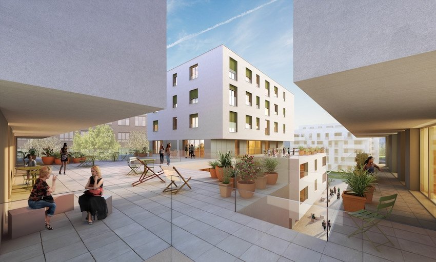 Rendering von Gebäudekomplex in Neu Leopoldau auf einer offener Terrasse mit BewohnerInnen