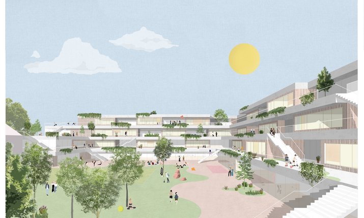Freundliches Rendering eines mehrstöckigen Bildungsbau in L-Form