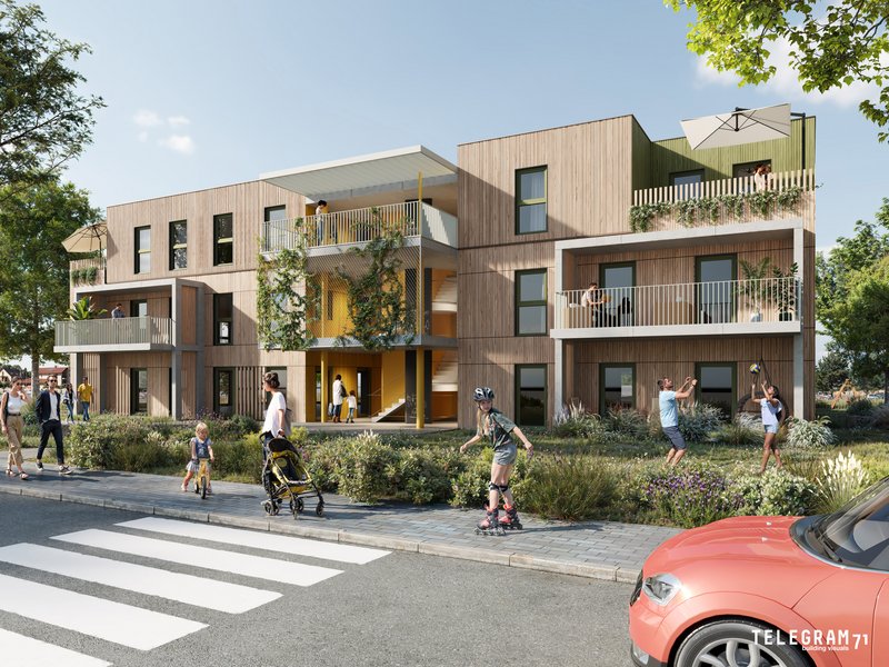 3-stöckiger Holzbau und bodenhohen Fenstern mit Bewohner:innen 