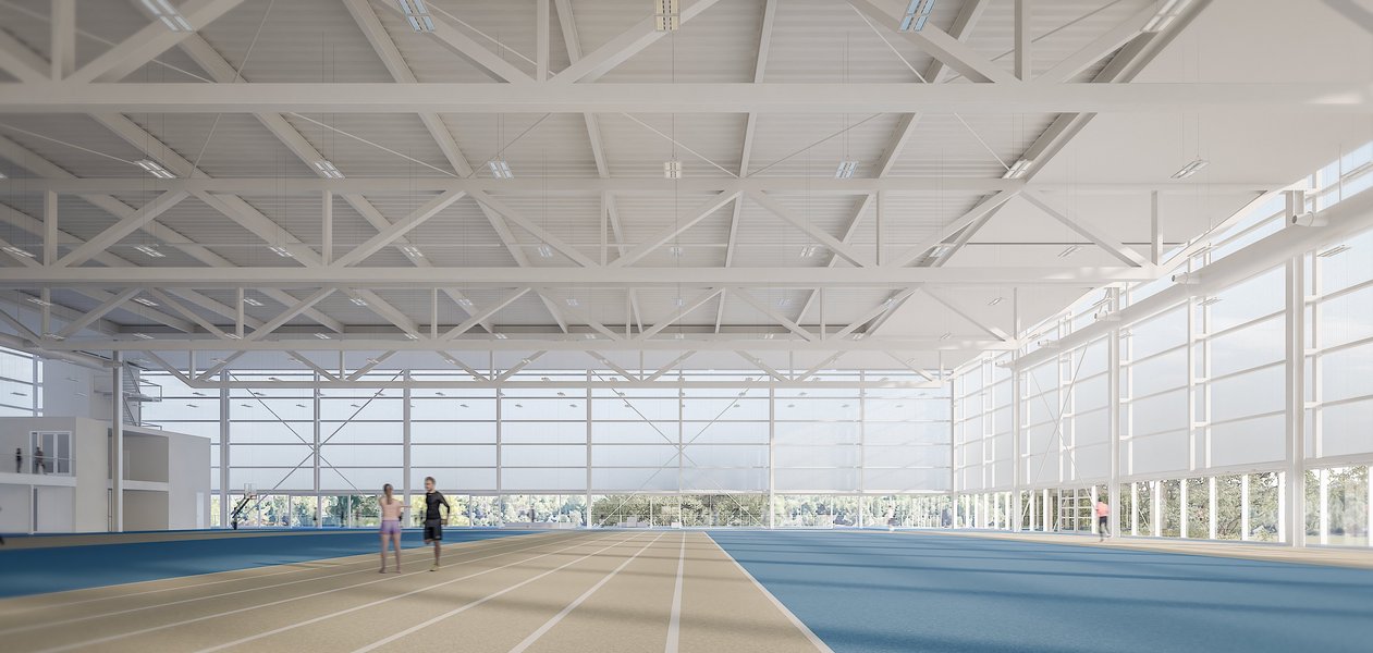 Rendering einer Halle mit indoor Laufbahn
