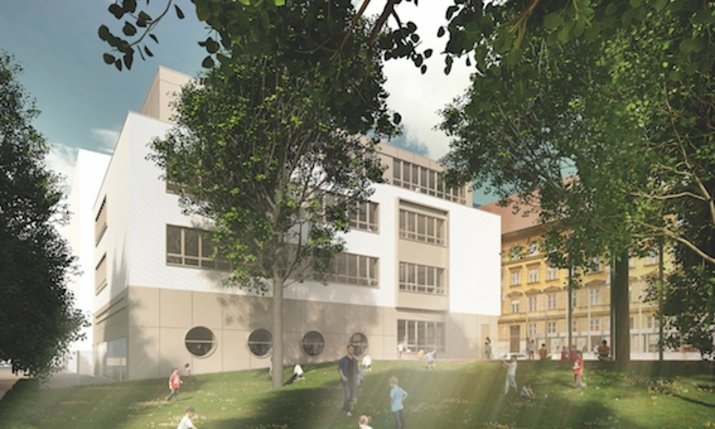 Rendering von Schulerweiterung: modernes Gebäude neben alter Schule
