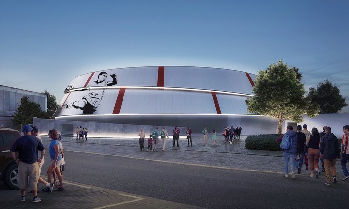 Rendering der sanierten Rundturnhalle mit modernen Look und beeindruckender Beleuchtung bei Nacht
