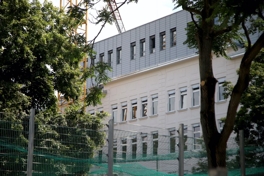 Mehrstöckiges Gebäude mit einem Baum im Vordergrund