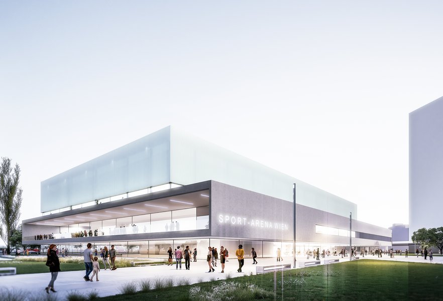 Rendering einer modernen Sportanlage mit Menschen im Vordergrund